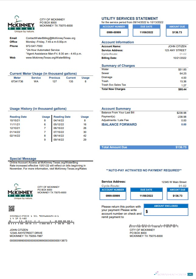 download download USA Texas McKinney utility bill template in Word and PDF format PDF template PDF template